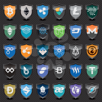 Black shields with cryptocurrency symbols. Vector icon set for cryptocurrency mining pools or digital currency exchange.