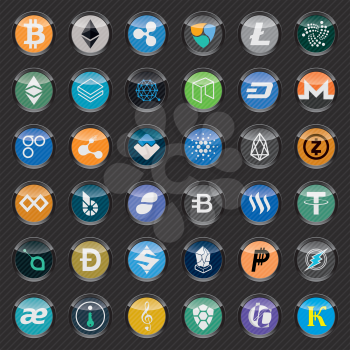Black circle icons with cryptocurrency symbols. Vector icon set for cryptocurrency mining pools or digital currency exchange.