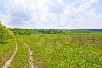 Rural summer landscape with soil road among field and forest, cloudy sky