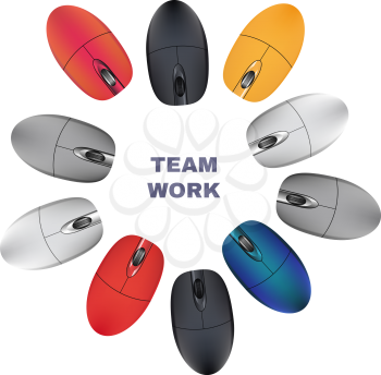 Computer Mouses isolated on white. Team work. Vector illustration