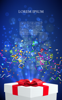 Open gift with fireworks from confetti. vector background