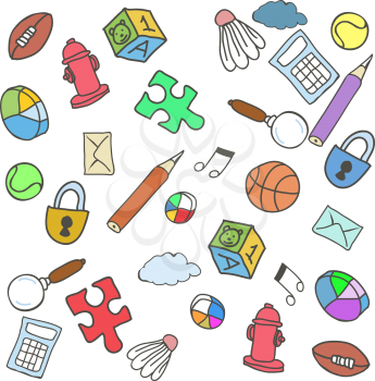 Colorful Doodle Background basketball puzzle pencil padlock shuttlecock pie magnifying glass mail envelope note