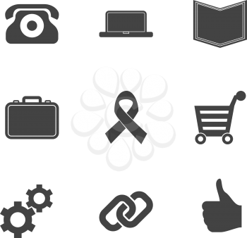 Set of e-commerce icons with computing like hand chain links phone notebook open book gears briefcase shopping basket charity in black silhouette vector illustration