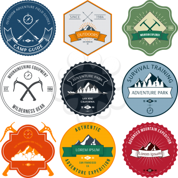 illustrationCamping mountain adventure hiking explorer equipment labels set isolated vector