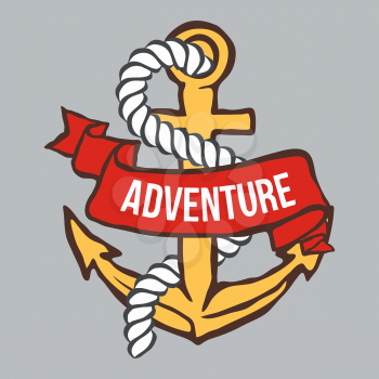 Anchor with Banner and rope. Adventure Vector illustration
