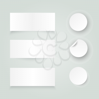 Set of white paper stickers on white background. Round, rectangular. Vector illustration