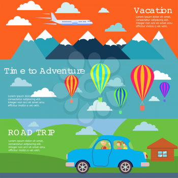 Colorful vector flat banners set. Quality design illustrations, elements and concept. Flying airplane. Car. Illustration