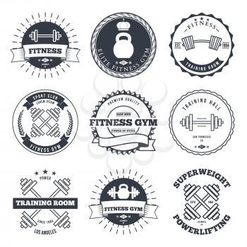 Bodybuilding and fitness gym logos. Label and emblems design elements vector illustration