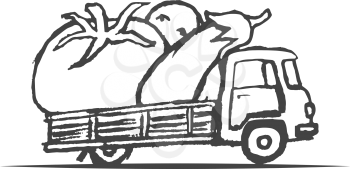 Hand Drawn Truck with Giant Vegetables. Vector illustration