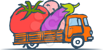 Hand Drawn Truck with Giant Vegetables. Vector illustration