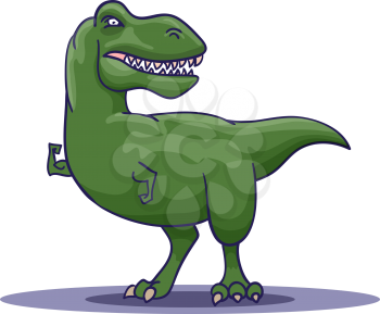Hand Drawn Cartoon Tyrannosaur shows his biceps. Vector illustration