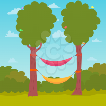 Cartoon Nature Background. Hammocks on a tree. Vector illustration