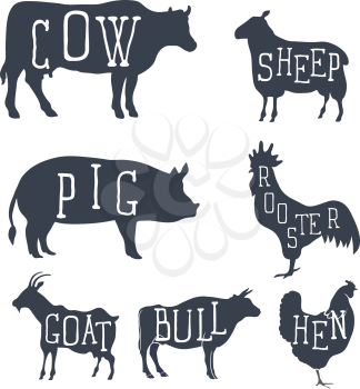 Farm animals, vector set icons. Collection of silhouettes such as cow, bull, sheep, pig, rooster, chicken, hen, goat. Vector illustration