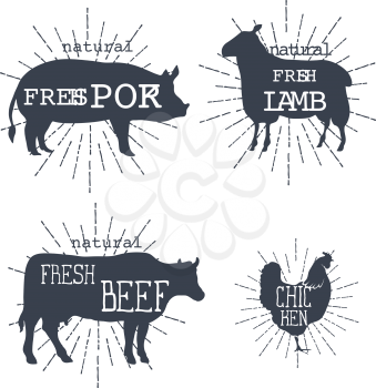 Farm animals icons set. Collection of labels with beautiful letterings such as chicken, beef, pork, lamb. Vector illustration