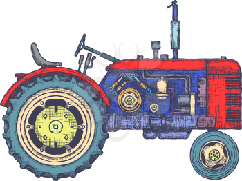 Vintage agricultural tractor, sketch. Hand drawn Vector illustration