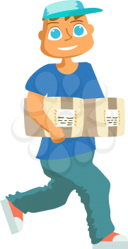 Delivery man in blue uniform holding boxes and documents in different poses. Vector illustration