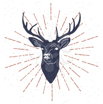 Hand drawn vintage label with textured deer. Vector illustration