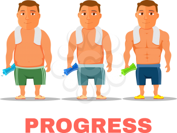 Cartoon guy fit progress, after work out, with towel and water bottle. Vector illustration