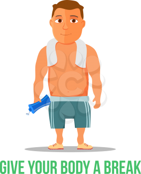 Cartoon guy, after work out, with towel and water bottle. Vector illustration