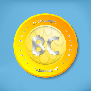 Golden bitcoin icon picture with metallic text