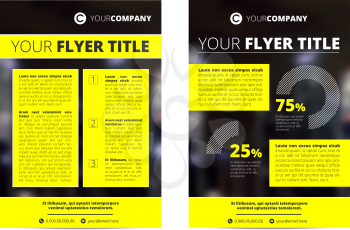 Vector brochure template design with black background and yellow frames.