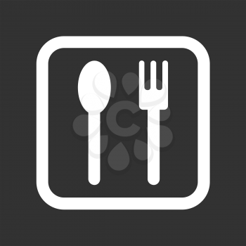 White spoon and fork icon on a black background