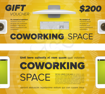 Gift voucher for coworking space with sample text and coffee cup and mobile phone