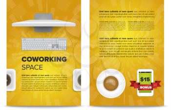 Coworking space leaflet template with monitor and coffee