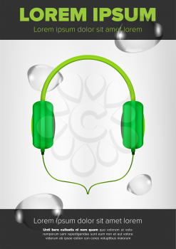 Green headphones on a gray background. Leaflet design