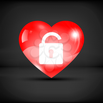Lock in a red heart icon on a black background with shadow
