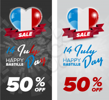 Happy Bastille Day banners set with France flag in heart