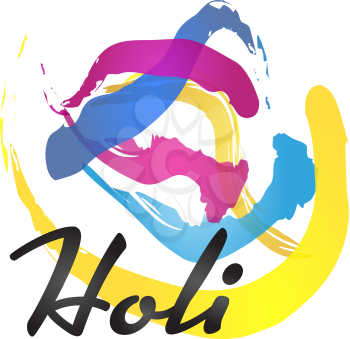 Happy Holi spring festival of colors greeting vector background with realistic volumetric colorful Holi powder paint clouds and sample text. Blue, yellow, pink and violet powder paint