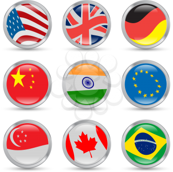 Countries flags icons set in metallic circles with reflections and shadows