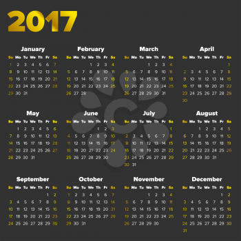 Calendar for 2017 on a black background