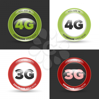 Three and Four generation signs icons on white and black with shadow