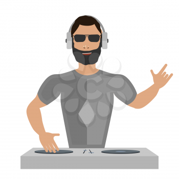 Smiling DJ with console on a white background