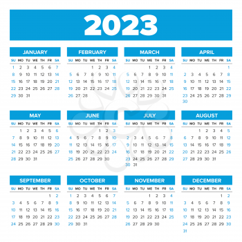 Simple 2023 year calendar, week starts on Sunday