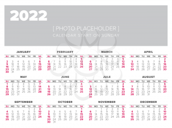 Calendar 2022 year vector design template, start on sunday