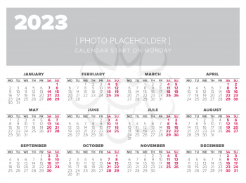 Calendar 2023 year vector design template, start on monday