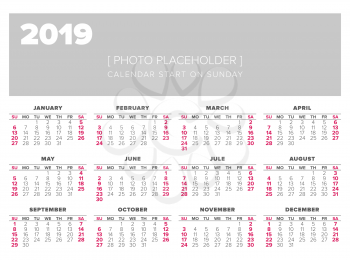 Calendar 2019 year vector design template, start on sunday