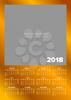 Golden Simple 2018 year calendar, week starts on sunday