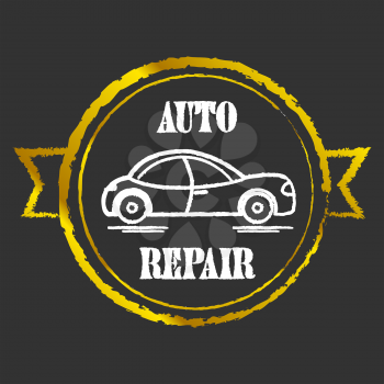 Auto Repair vector vintage icon with car on black background