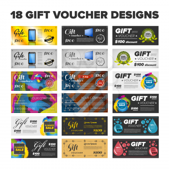 18 vector Gift vouchers set with ribbons and award icons