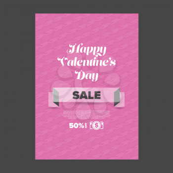 Valentine day sale banner with glass ribbon and pink background