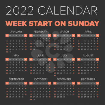 Simple 2022 year calendar, week starts on Sunday