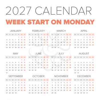 Simple 2027 year calendar, week starts on Monday