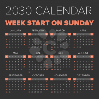 Simple 2030 year calendar, week starts on Sunday