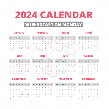 Simple 2024 year calendar, week starts on Monday