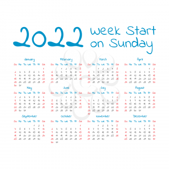 Simple 2022 year calendar, week starts on sunday