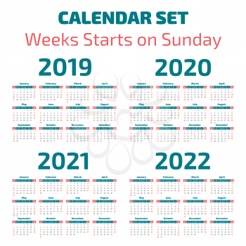 Simple 2019-2022 years calendar, week starts on Sunday